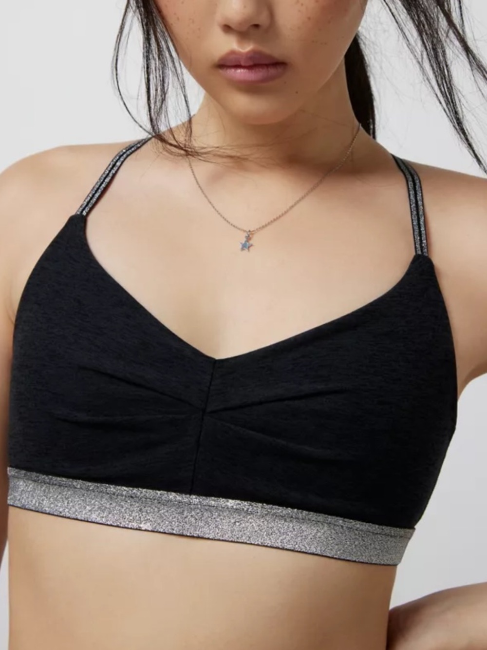 Beyond Yoga | Shine On Black Sparkle-Trim Spacedye Sports Bra - L